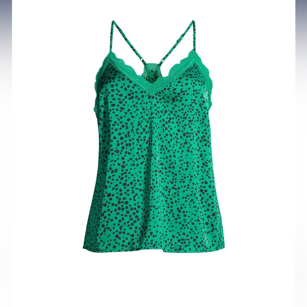 Beautiful silky green top with black polka dots